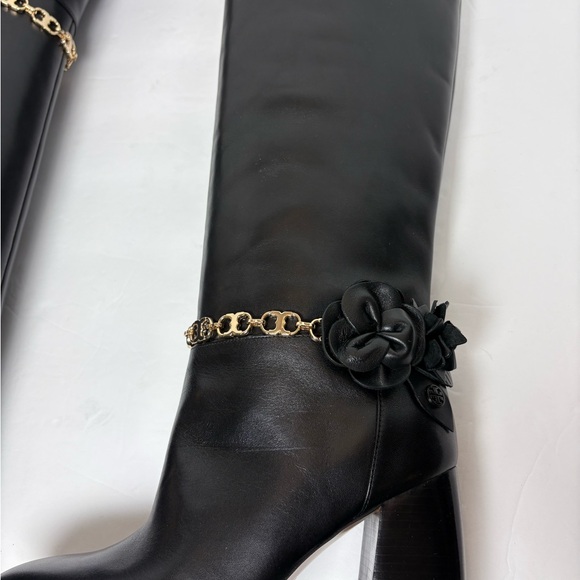 NEW Tory Burch Black Leather Blossom Boots Tall Gold Chain Flower Glam Sz 6 - Picture 9 of 14